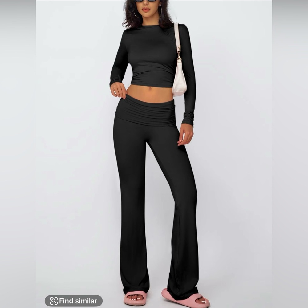 Two-piece Set Long Sleeve Crop Top & High Waist Flare Leg Pants